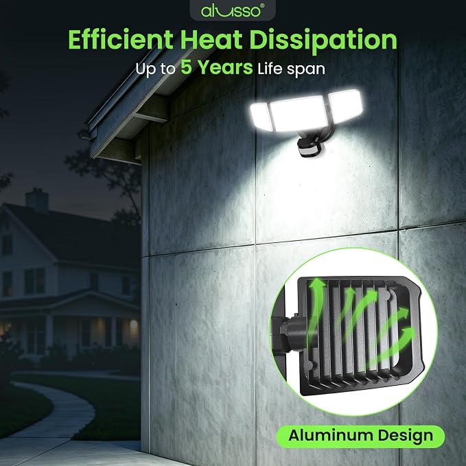 ALUSSO Motion Sensor Outdoor Lights Hardwired(Not Solar),Flood Lights Outdoor 120V, Dusk to Dawn/Auto/On Time, 3CCT 3000K/4000K/6500K Security Light,ETL,3 Modes Metal Black 60W 6000LM