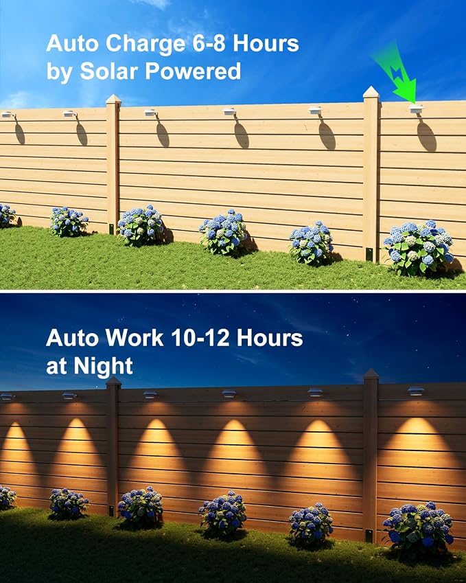 4 Pack White Bright Solar Powered Gutter Mounted Lights Outdoor Waterproof Led Fence Lamp for Lighting Rainspout, Railing, Outside House, Wall, Deck, Porch, Garage, Holeless Installation(Warm White)