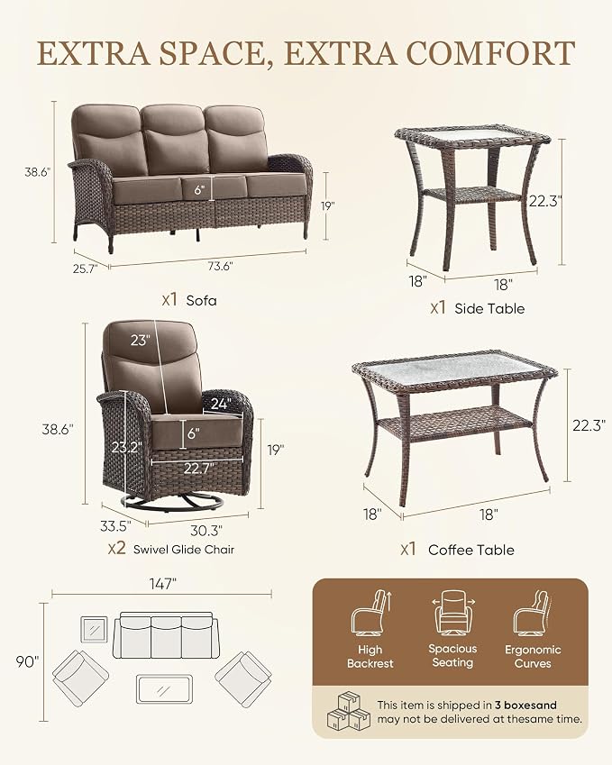 Belord Upgraded 6“ Cushion Luxury 5 Piece Patio Furniture Set - High Back Outdoor Furniture Set with Swivel Rocker Patio Chairs, All-Weather Wicker Conversation Set for Deck Porch Yard - Brown/Grey