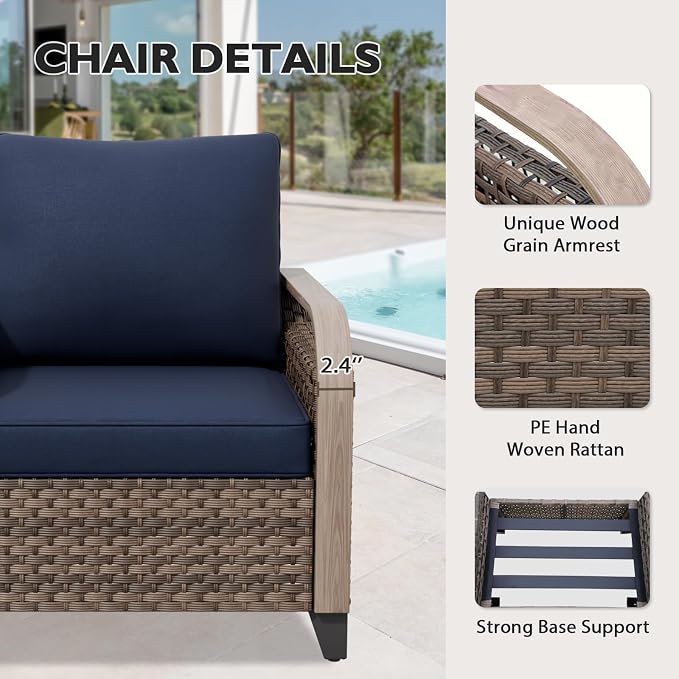 EAGLE PEAK Modern Wicker Outdoor Patio Furniture Set, Patio Conversation Set, a 3-Seat Loveseat and 2 Ottomans, 3 Pieces, Brown/Blue