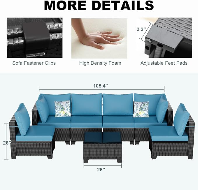 Outdoor Patio Furniture Set, Wicker Patio Chairs with Thick Cushions (Coffee and Peacock Blue, 7pcs Sofa Set)