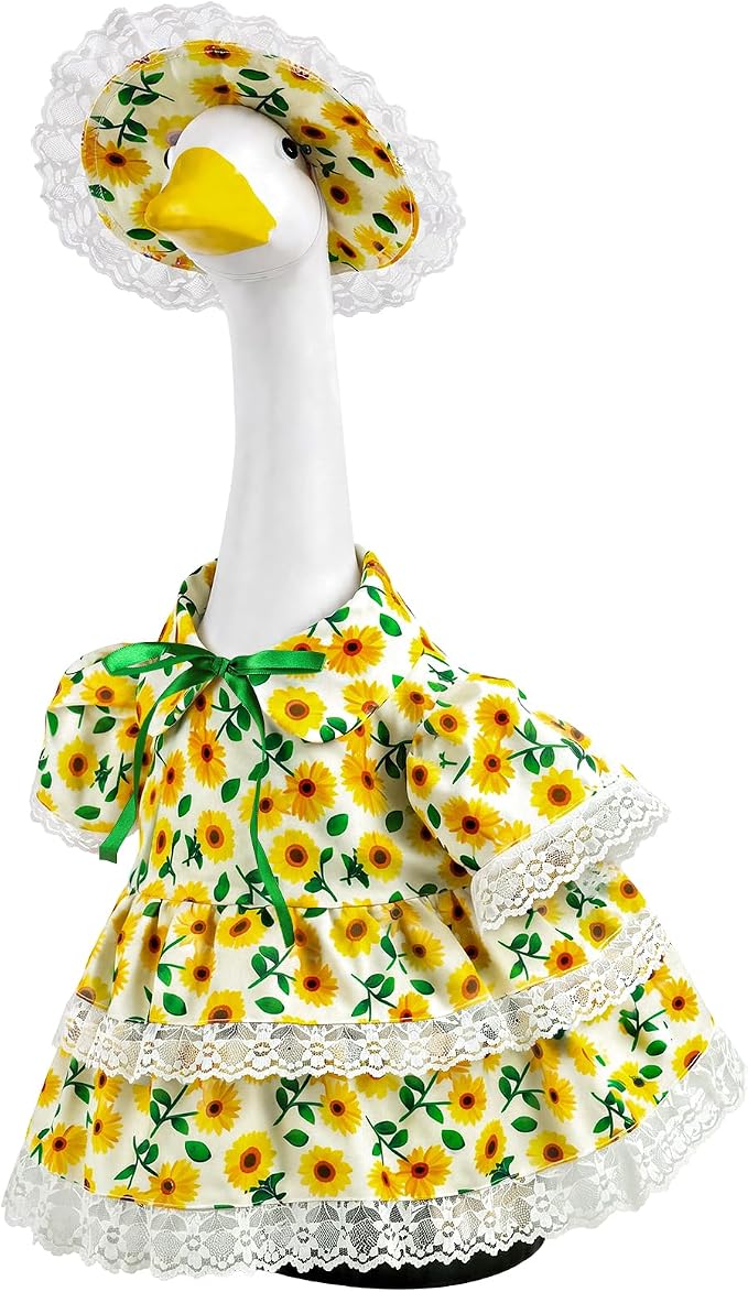 Porch Goose Outfits for 23 Inch Goose Statue, Summer Sunflower Dress with Yellow Hat and Lace Trim, Porch Goose Clothes for Outdoor Garden Lawn Patio Decor