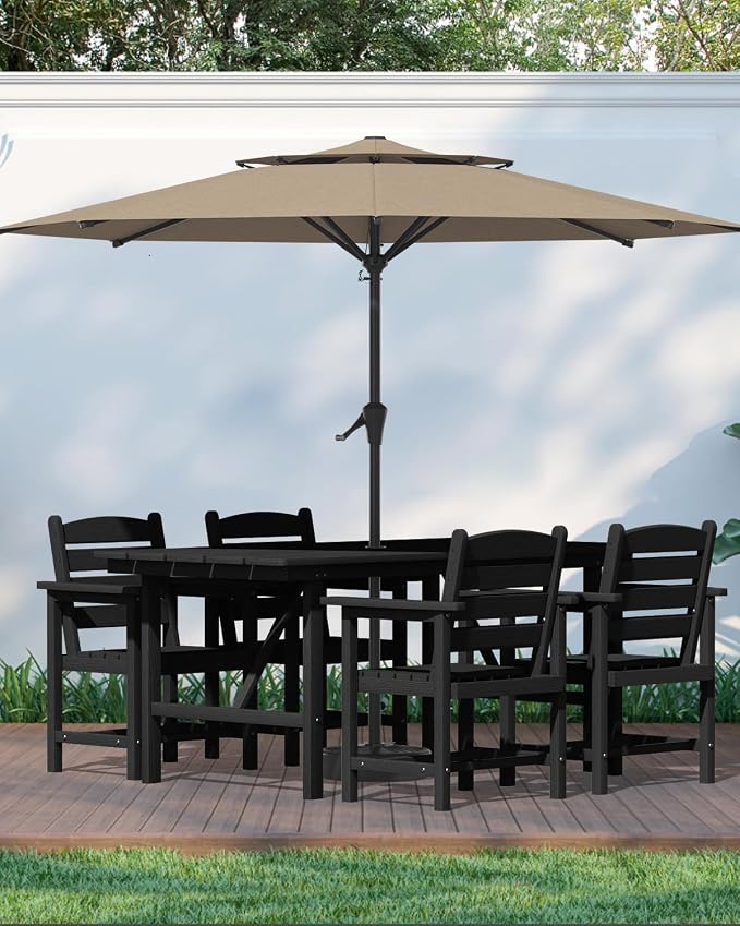 PLUUV 66" Outdoor Dining Table, All-Weather HDPE Rectangular Patio Table with 2” Umbrella Hole, Weatherproof, Black
