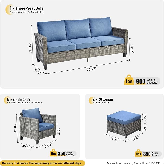 ovios Patio Furniture Set, 9 Pieces Outdoor Wicker Sofa Couch with 6 Chairs, Ottomans and Comfy Cushions, All Weather High Back Rattan Conversation Set, Denim Blue