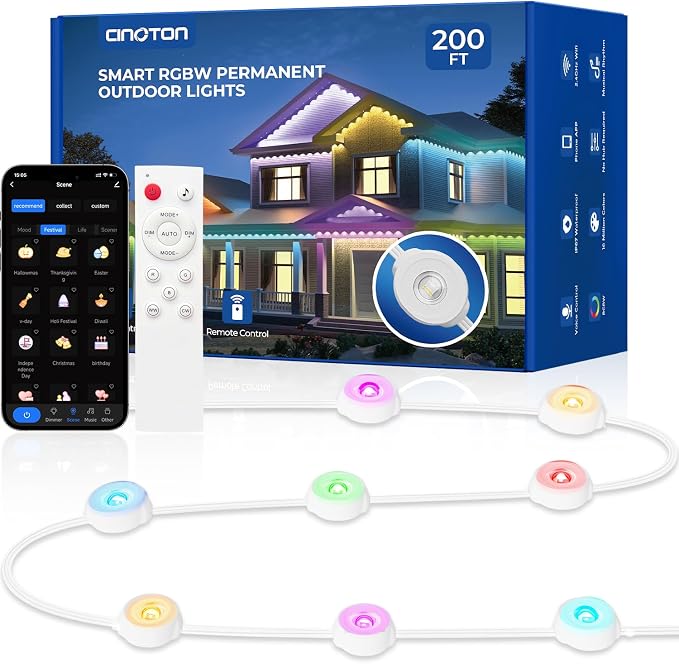 CINOTON Permanent Outdoor Lights 200ft, Smart RGBW+IC Eaves Lights with 120LEDs, IP67 Waterproof, 111 Scene Modes for Daily and Festival, Halloween Christmas Holiday Decor, APP/Voice/Remote Control
