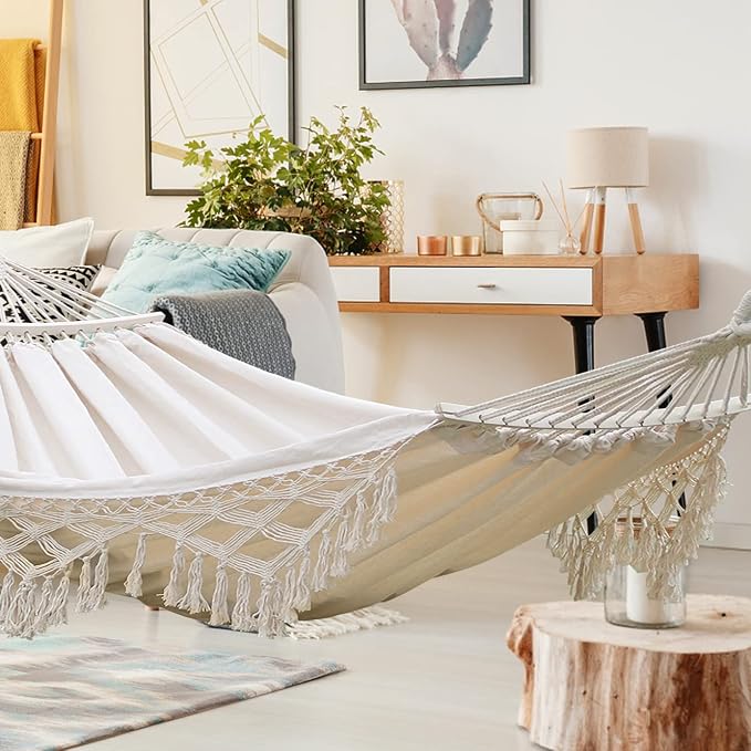 MOSFiATA Backyard Hammock with Tassels Max 500lbs Canvas Fabric Bohemian Style with Thickened Rope and Carry Bag for Outdoor, Garden, Patio, Wedding Decor (White)