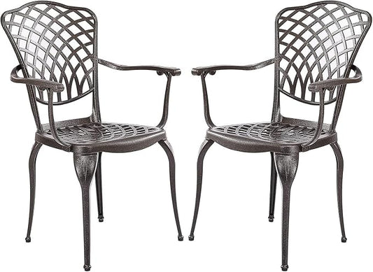 2-Piece Outdoor Dining Chairs,Super Stable Cast Aluminum Chairs with Armrest,2-Pack Patio Armchairs for Garden, Backyard,All-Weather Resistant Outdoor Dining Furniture, Brown