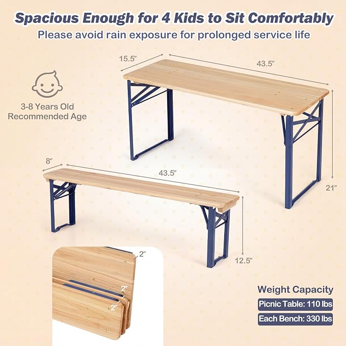 Costzon Kids Picnic Table, 43.5 Inch Folding Picnic Table with 2 Benches, Fir Wood Top & Metal Frame, No Assembly 3-Piece Portable Kids Indoor/Outdoor Furniture for Patio Backyard Daycare (Navy Blue)