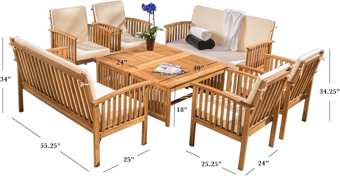 Christopher Knight Home 8-Piece Outdoor Patio Furniture Set, Acacia Wood Conversation Set with 2 Loveseats 2 Coffee Tables and 4 Chairs Cushions, Large Backyard Garden Chat Set, Light Wood