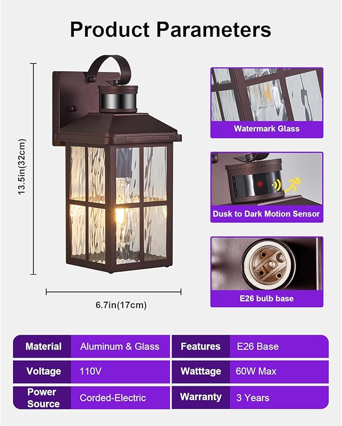 2 Pack Motion Sensor Porch Light Dusk to Dawn Outdoor Wall Light | Exterior Lighting Fixtures Modern Outside Wall Mount Coach Lamp for House Garage Patio Front Door(Bronze)