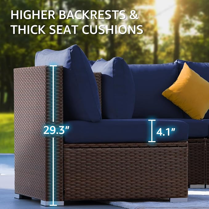 NICESOUL 11 Piece Outdoor Furniture Set with Fireplace Propane/Natural Gas, Luxury Patio Sectional 10-Person, 29.3'' High-Back Backyard Seating Area, All-Weather Rattan Couch Sofa, Brown & Blue