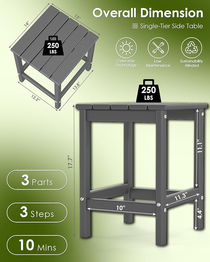 GREENVINES Adirondack-Outdoor-Side-Table | HDPE Plastic | Single-Tier | 14 x 13 in | Weatherproof | Gray | End Tables | for Patio Porch Backyard Indoor