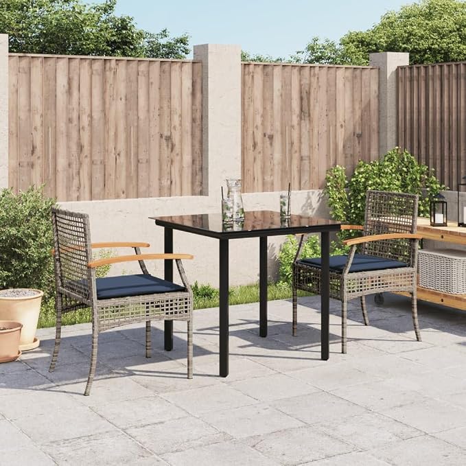 3 Piece Patio Dining Set with Cushions Gray Poly Rattan Outdoor Bistro Table and 2 Chairs for Garden Backyard Deck Patio Furniture with Tempered Glass Top Navy Blue Cushions