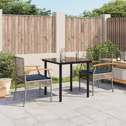 3 Piece Patio Dining Set with Cushions Gray Poly Rattan Outdoor Bistro Table and 2 Chairs for Garden Backyard Deck Patio Furniture with Tempered Glass Top Navy Blue Cushions