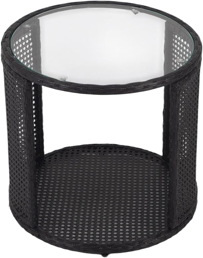 Patio Rattan Side Table - Outdoor Wicker Fashionable Side Table with Large Storage, Round End Table with Glass Table Top for Garden, Backyard, Porch, Deck, Black