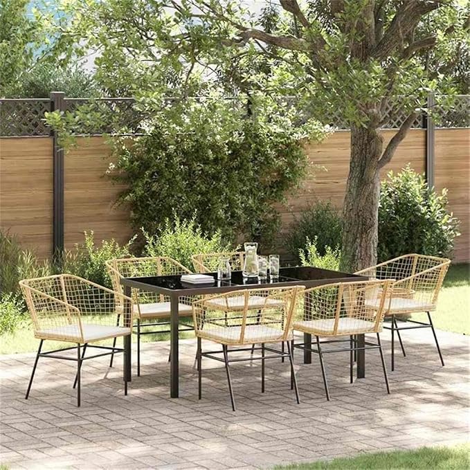 Afuera Living 7 Piece Patio Dining Set, Poly Rattan and Steel Frame, Brown Finish, UV-Resistant, Glass Tabletop, Seating for 6, Durable Outdoor Furniture for Garden or Patio Gatherings