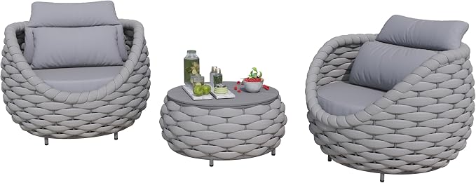 Front Porch Furniture Set: 3 Pieces Aluminum Patio Conversation Set - Assembled Outdoor Sofa Set - Woven Rope Armchair Couch Set - Modern Cushions Set for 400lbs Deck Balcony Bistro Hotel, Gray