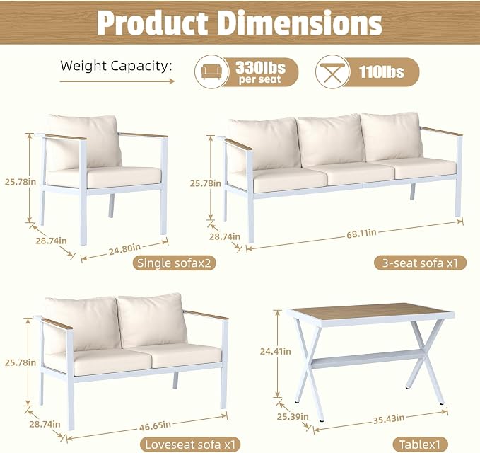 Aug-guan Aluminum Patio Furniture Set 5 Piece, Outdoor Conversation Set with 5" Cushions, Olefin Fabric, Rustproof Frame, Non-Slip Feet, Compact Patio Sofa Set for Balcony, Backyard, Porch,White