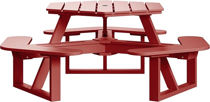 Shoreline Made in USA Hexagon Picnic Table, Seating for 6, Boathouse Red