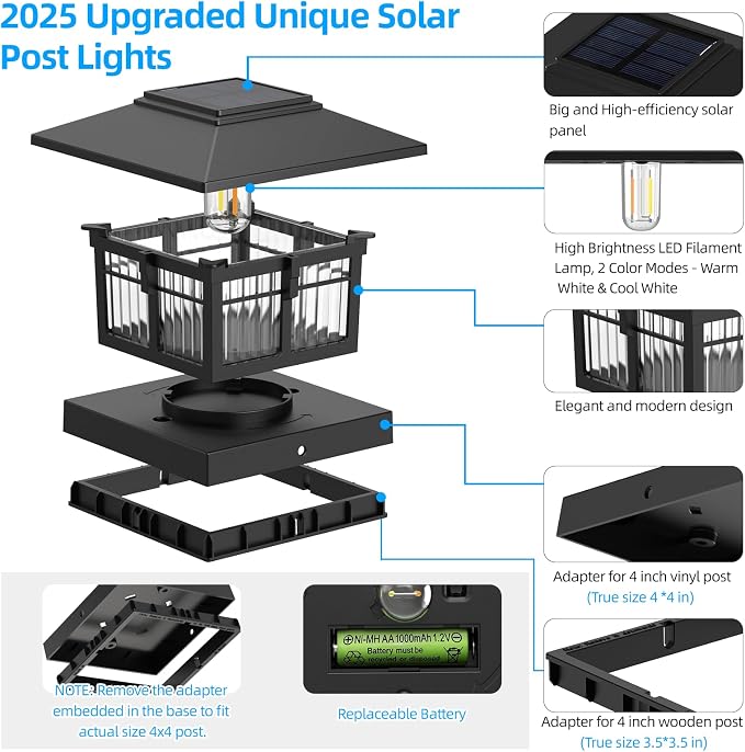 4x4 Solar Post Cap Lights, Classic Black, 4 Pack, Warm & Cool White | Fits 4x4 Wooden and Vinyl Posts,Fence Deck Post Lights,Edison-style bulb