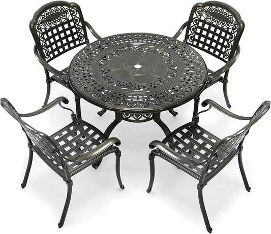 VIVIJASON 5-Piece Outdoor Patio Furniture Dining Set, All-Weather Cast Aluminum Conversation Set, Include 4 Chairs and 38.5" Round Table w/Umbrella Hole for Balcony, Lawn, Garden, Backyard