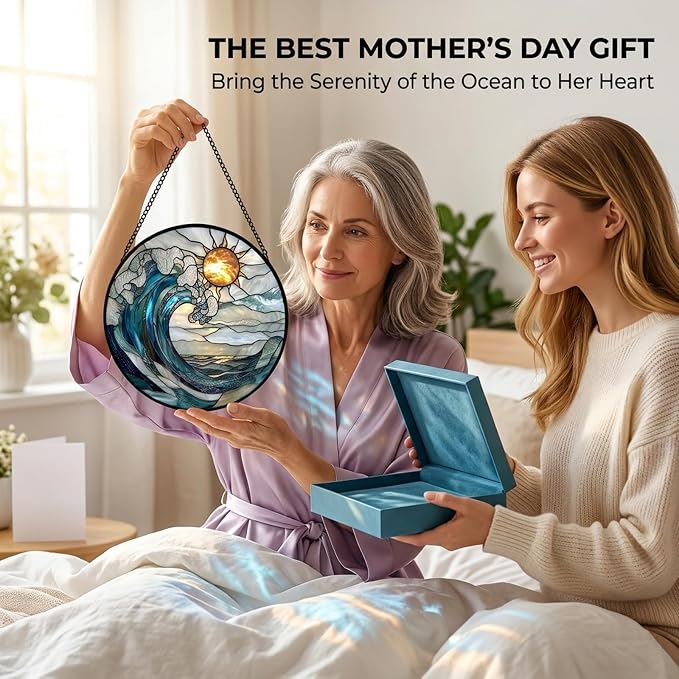 Birthday Gifts for Women - Sunrise Ocean Waves Faux Stained Glass Window Hanging Sun Catcher Mother's Day for Mom Nana Friend Grandma Wife and Door Garden Acrylic Home Decor 9.8"