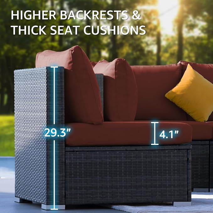 NICESOUL 13 Piece Outdoor Sectional Furniture with Firepit, Contemporary Back Yard Fireplace w/Seating Area, Plus Size 29.3'' High Back Patio Set, All-Weather Wicker Couch for Exterior, Gray & Red