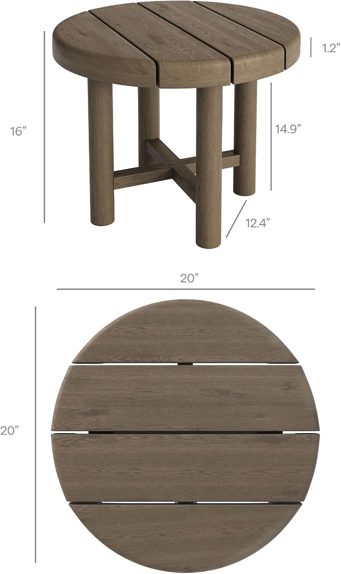 Modway Eleni 20-Inch Outdoor Teak Wood Side Table in Weathered Gray Teak – Round Patio End Table with Slatted Top for Patios, Decks, Or Gardens