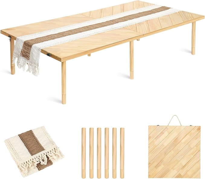 Low Picnic Table 60x30, Portable Folding Floor Table | Adjustable height wood table with boho runner, mortise-tenon joints, folds flat for beach picnics, camping, parties