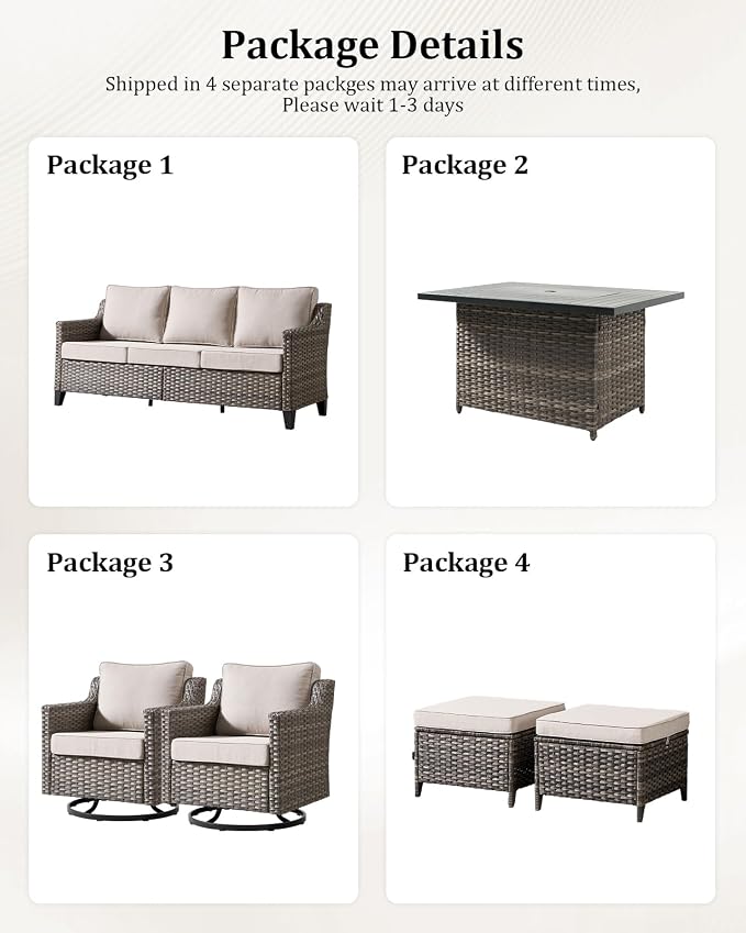Outdoor Furniture Set of 6, Patio Sofa with Luxury 4" Cushion, Wicker Swivel Rocker Patio Chairs, and Fire Pit Table, High Back&Deep Seat for Garden Deck Porch Balcony Backyard - Beige