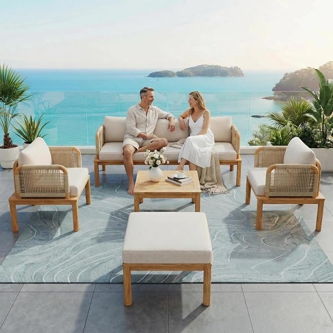 5-Piece Patio Furniture Set, Outdoor Conversation Set with Acacia Wood, Coffee Table and Ottoman, All-Weather Cushions for Backyard, Garden and Poolside(C-Beige)