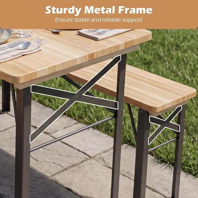 Byroce Folding Picnic Table Set with Benches, 47” Fir Wood Beer Table Set, Outdoor Dining Table with Heavy-Duty Metal Frame, Foldable Picnic Table for Patio, Garden, Backyard, BBQ & Parties (47")