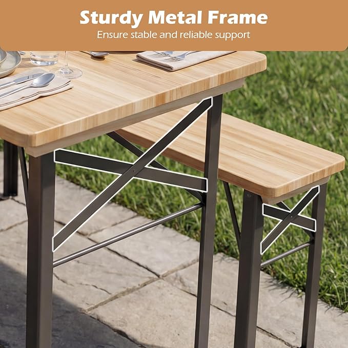 COSTWAY Folding Picnic Table, Foldable Fir Wood Picnic Table with Benches Set for 4 People, Wooden Beer Table Metal Frame for Outdoor BBQ Party, Garden, Backyard