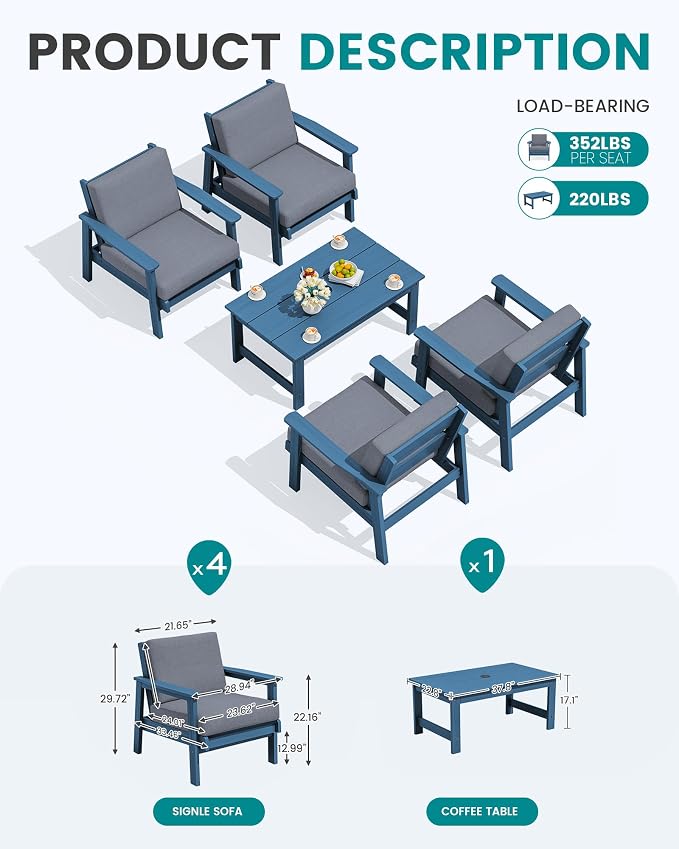SERWALL Outdoor Patio Furniture Set, 5 Piece HDPE Patio Conversation Sets, All-Weather Wood-Like Outdoor Couch Loveseat and Coffee Table with Thick Cushions for Porch Balcony Garden Backyard