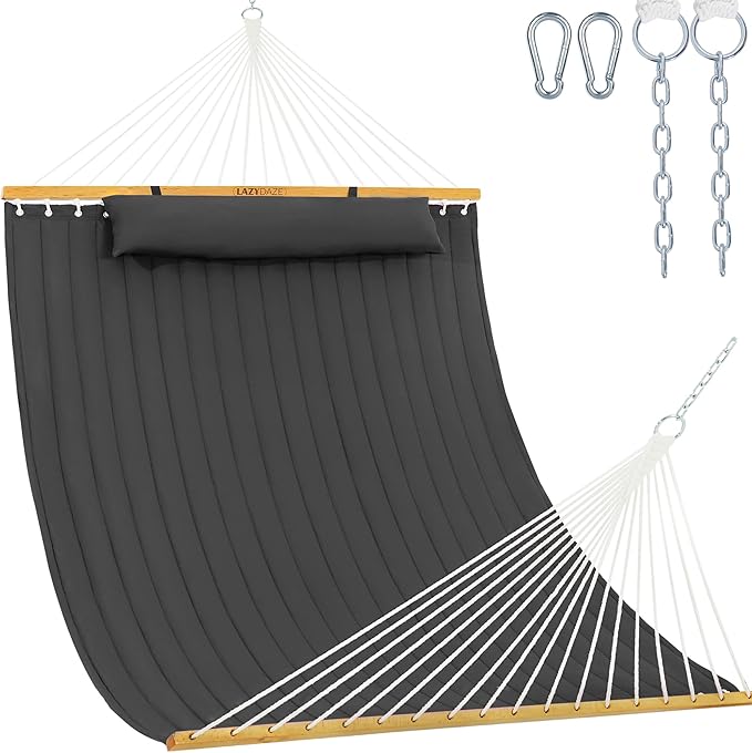 Lazy Daze Hammocks 12 FT Double Quilted Fabric Hammock with Spreader Bar and Detachable Pillow, 2 Person Double for Outside Patio Poolside Backyard Beach, 450lbs Capacity, Gray