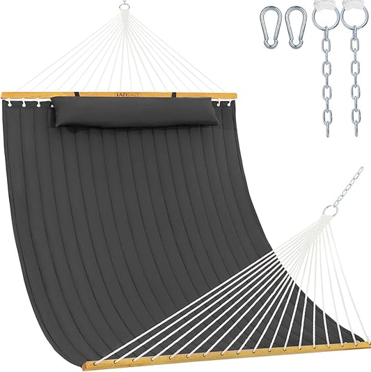 Lazy Daze Hammocks 12 FT Double Quilted Fabric Hammock with Spreader Bar and Detachable Pillow, 2 Person Double for Outside Patio Poolside Backyard Beach, 450lbs Capacity, Gray