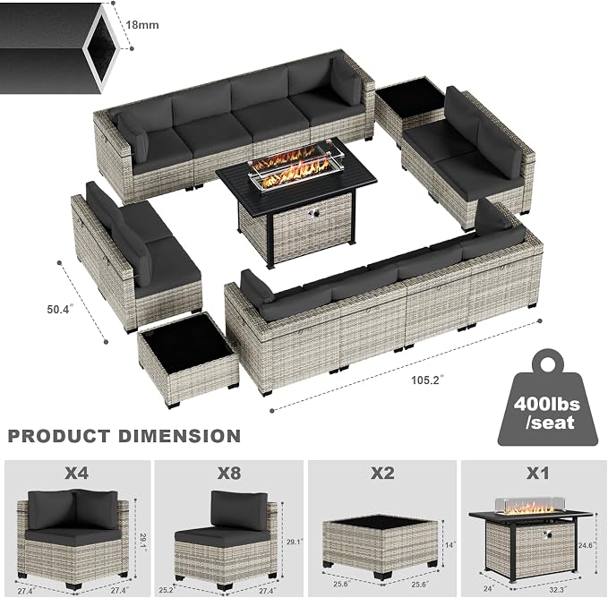15-Piece Patio Furniture Set, Outdoor Patio Furniture with 55,000 BTU Fire Pit Table, Thick Cushions, Modular Patio Sofa, Dual-Strand Wicker Rattan, Rust-Resistant Frame, Black