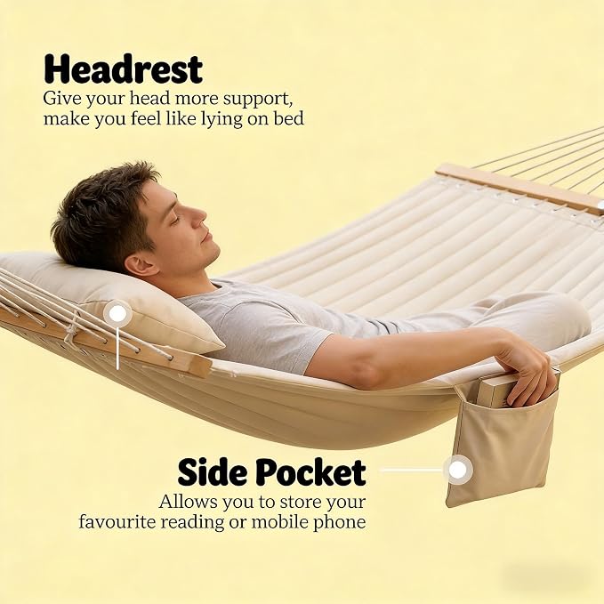 Outdoor Double Hammock with Hardwood Spreader Bars, 440 lb Capacity Patio Hammock, for Patio, Backyard, Porch, Camping & Garden, 128” x 55” (Cream White)