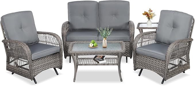 VIVIJASON 5-Piece Outdoor Patio Wicker Conversation Sets, All Weather Outdoor Rattan Furniture Set Includes Glider Loveseat, 2 Coffee Table, 2 Glider Rocker Chairs with Cushions, Grey