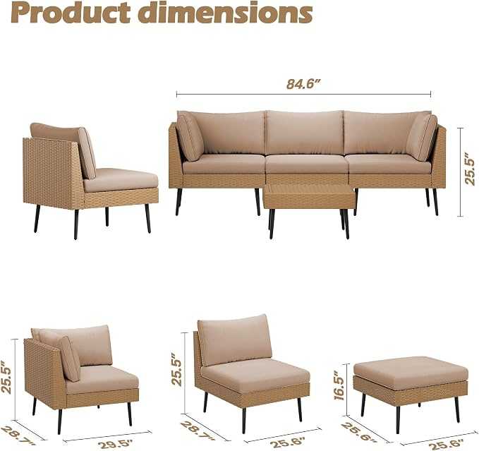 Vikiullf Outdoor Wicker Sectional Sofa Set, L-Shaped Patio Conversation Set with 4" Cushions, Boho Rattan Furniture for Backyard Poolside Deck (Khaki, 5 Pieces)