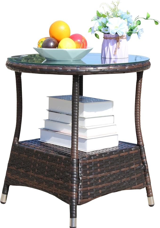 IRONORA Outdoor Wicker Coffee Table Patio Round Side Tables for Outside, Tempered Glass Top Wicker Table with Storage End Table for Balcony Porch Deck