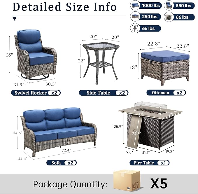 Luxury 6" Thick Cushion 9 Pieces Wicker Patio Furniture Set with 41”Fire Table, Outdoor Conversation Set with Patio Couch and Swivel Rocker Chairs for Deck Porch Yard and Poolside