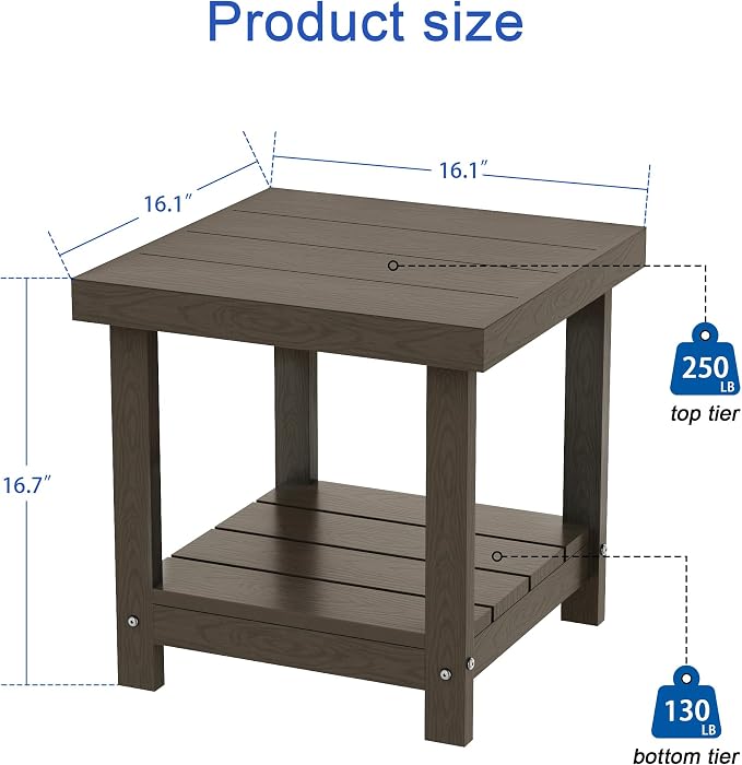 2-Tier HDPE Outdoor Square Side Table, Heavy-Duty Patio Side Table with Storage Shelf, Weather-Resistant Adirondack End Tables for Backyard, Pool, Porch, Garden, Lawn, Brown