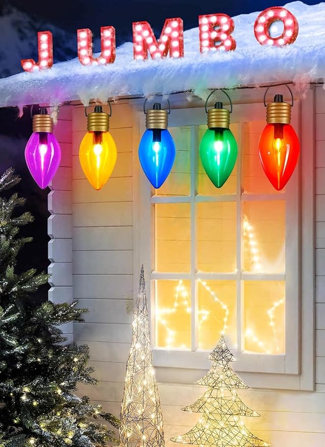 Jumbo C9 Christmas Pathway Lights Outdoor,2Pack Total 17FT C9 Walkway Light | 10 LED Multicolor Bulb Holiday Pathway Light with Marker Stake, Connectable Christmas Lights Outdoor Decoration for Lawn Yard