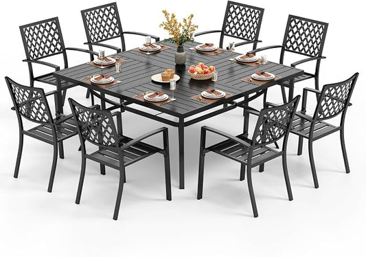 PHI VILLA 9 Pcs Outdoor Dining Set for 8,57.5" Steel Table, Black | Metal Table &Stackable Wrought Iron Chairs, All Weather Large Furniture Set for Patio, Deck, Backyard, Porch - Black