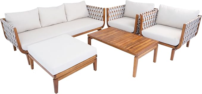 Merax 5 Piece Rope Woven Paito Conversation Set, Outdoor All-Weather Acacia Wood 3-Seater Sofa, Armchair with Cushions,2 Ottomans, 1 Coffee Table for Porch, Lawn, Backyard, Balcon, Teak+ Beige