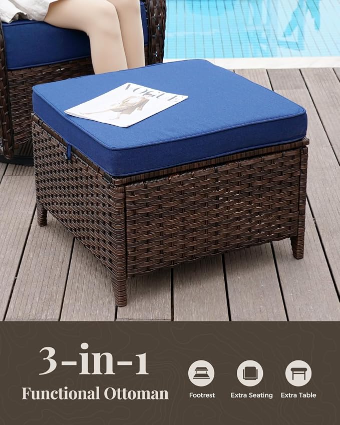 Patio Furniture Set with Luxury 6" Cushions, 6 Pcs Swivel Rocking Patio High Back Chairs and Couch, Outdoor Wicker Conversation Set for Deck, Porch, Backyard, Poolside, Blue