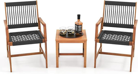 HAPPYGRILL 3 Pieces Acacia Wood Bistro Set, Patio Conversation Set Rope Woven Chair & Table Set for Backyard Porch Garden Poolside