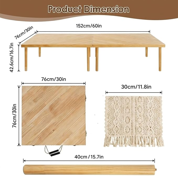 Folding Picnic Table, Pine Wood Festive Gift, 60" x 30", Large Portable Design, for Indoor and Outdoor, Camping, Garden, Party, Beach, Wedding, with Boho Crochet Table Runner