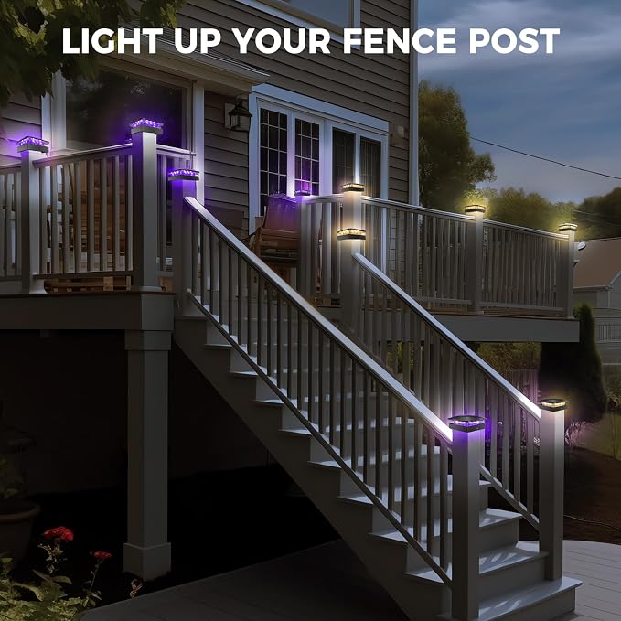 4x4 Solar Post Lights Outdoor, 4 Packs Purple & Warm White LED Fence Caps Light Waterproof, Wood & Vinyl Post Top Lighting for Deck Mailbox Railing Porch Outside